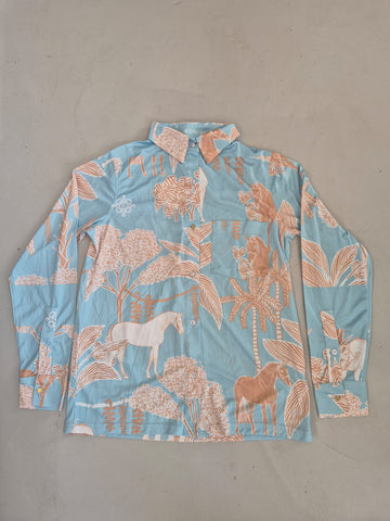 2nd Hand ESPOIR Button Down Shirt/ Baby Blue/ Horse print Leaves/ S