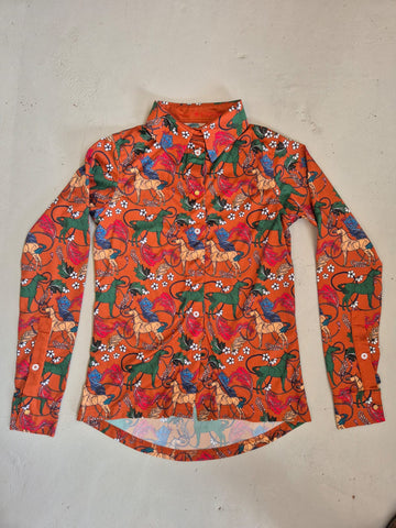2nd Hand ESPOIR Button Down Shirt/ Horse & Rope Detail Rust, Green & Blue/ XS