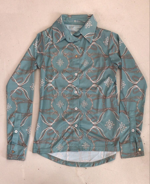 2nd Hand ESPOIR Button Down Shirt/ Teal Bridle Print/ XS