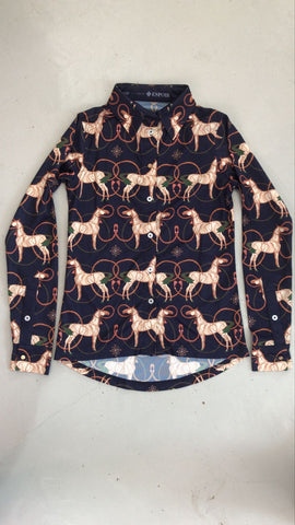 2nd Hand ESPOIR Button Down Shirt/ Navy Horse & Rope Print/ XS