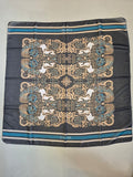 2nd Hand Espoir Scarf/ Navy, Teal & Gold Horse/ Square