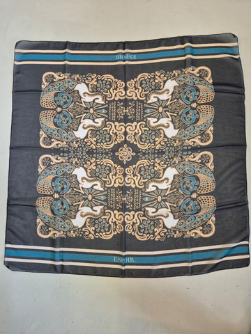 2nd Hand Espoir Scarf/ Navy, Teal & Gold Horse/ Square