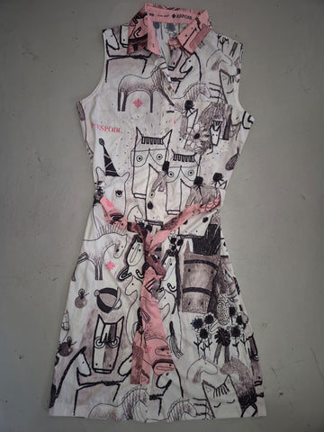 2nd Hand Espoir Button Down Sleeveless Dress/ Horse cartoon/ Black & Pink / XS