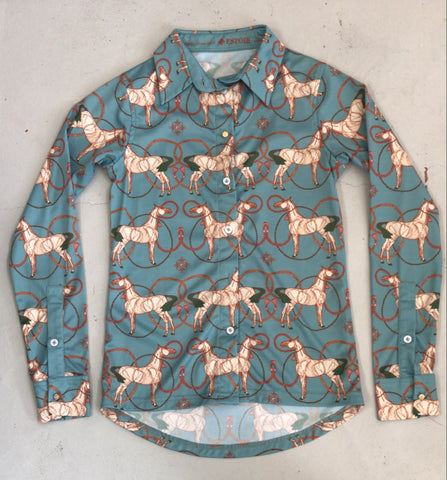 2nd Hand Espoir Shirt/Turquoise & Orange Horse/ XS